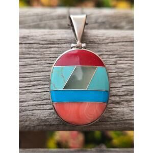 Vintage Mexico Sterling Silver Two Sided Inlay Turquoise Coral Pendant Necklace